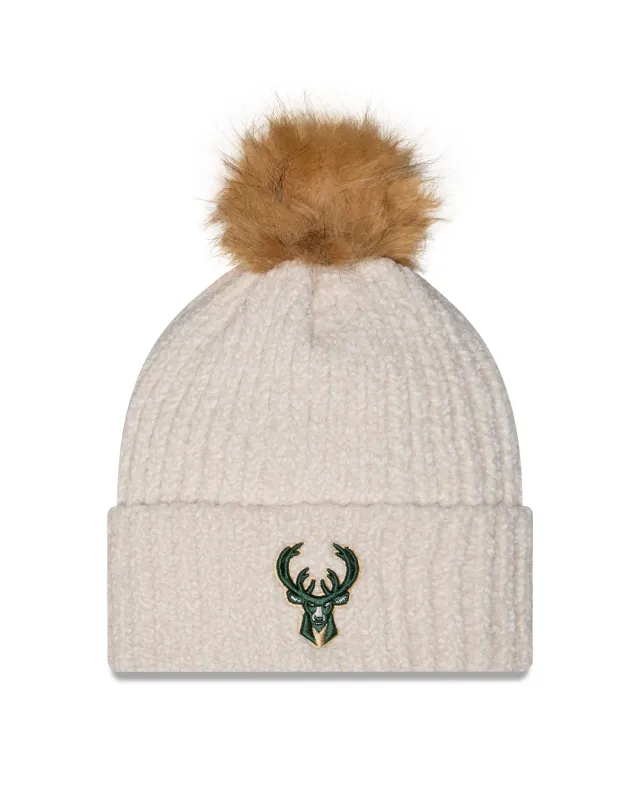 Front view of the Sandy Linen New Era Bucks Women's Fur Pom Beanie with a green deer logo and brown pom.