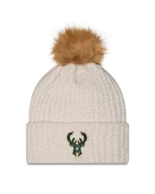 Front view of the Sandy Linen New Era Bucks Women's Fur Pom Beanie with a green deer logo and brown pom.
