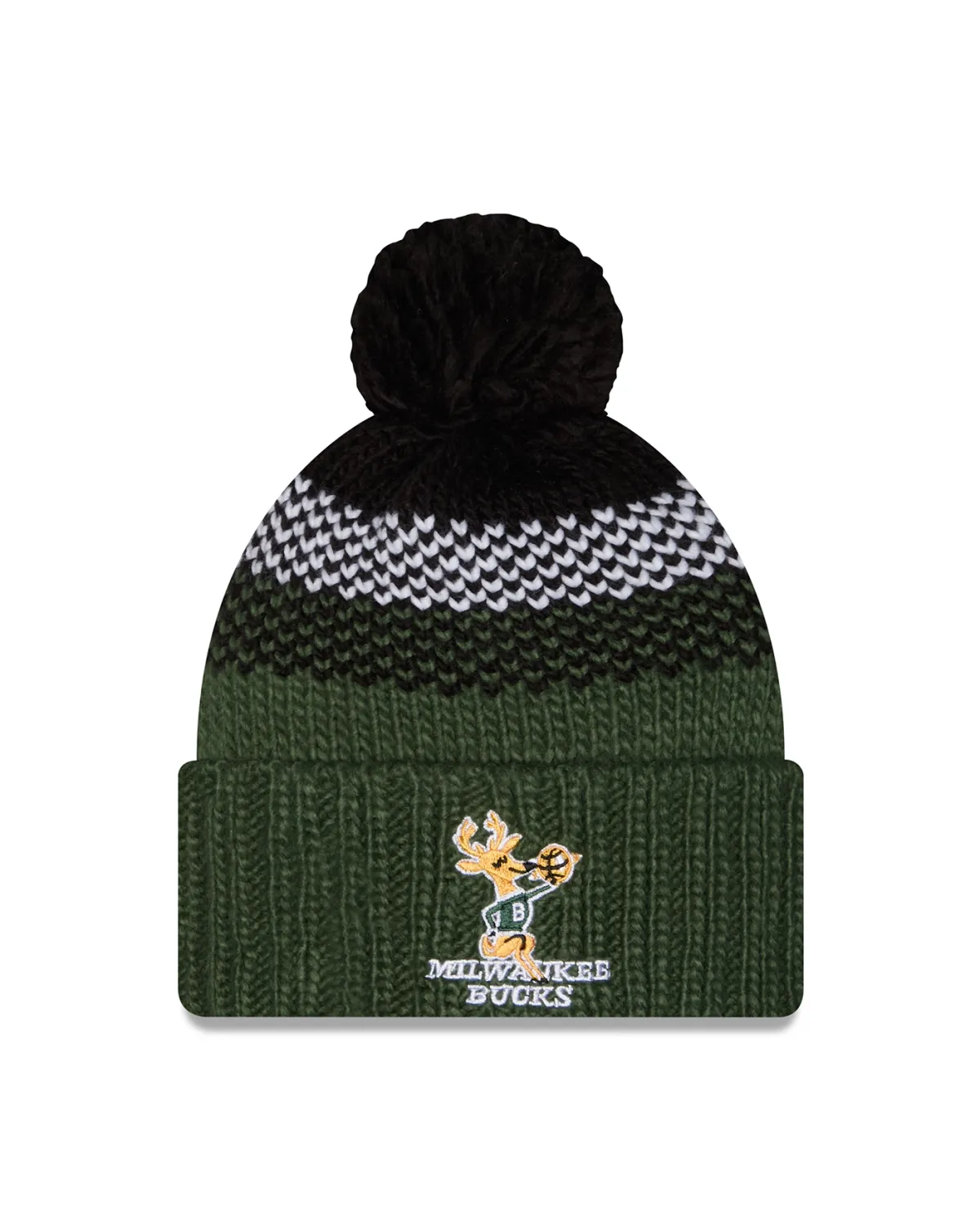 Front view of the green New Era Bucks Women's Bango Knit Fade Beanie with retro embroidery and a black pom.