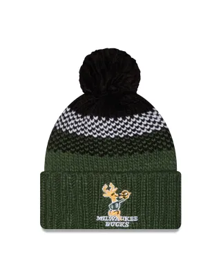 Front view of the green New Era Bucks Women's Bango Knit Fade Beanie with retro embroidery and a black pom.
