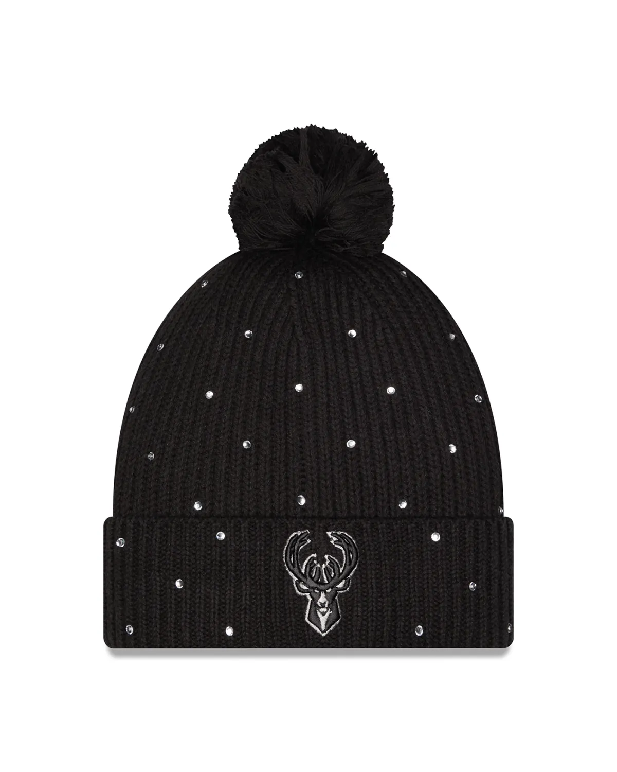 Front view of the black New Era Bucks Women's Rhinestone Pom Beanie with a deer logo on the cuff.