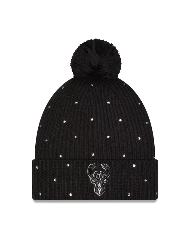 Front view of the black New Era Bucks Women's Rhinestone Pom Beanie with a deer logo on the cuff.