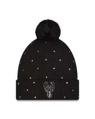 Front view of the black New Era Bucks Women's Rhinestone Pom Beanie with a deer logo on the cuff.