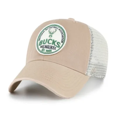 Angled front view of khaki '47 Bucks Felton Mesh Clean Up hat with a circular team appliqué and cream mesh panels.