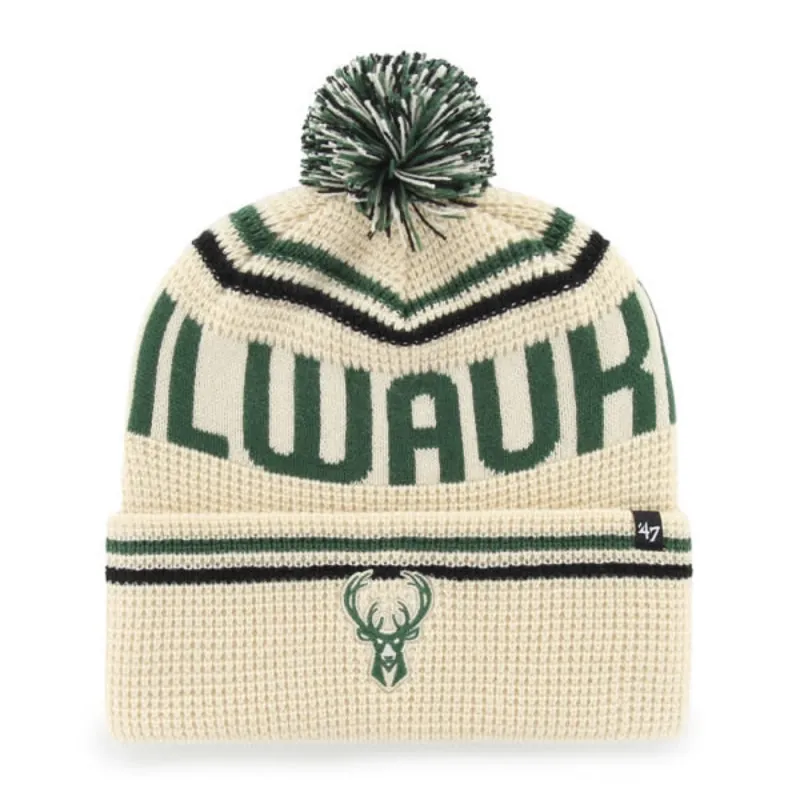 Cream '47 Bucks Quattrle cuff knit beanie with green Milwaukee lettering, striped details, deer logo and multicolor pom.