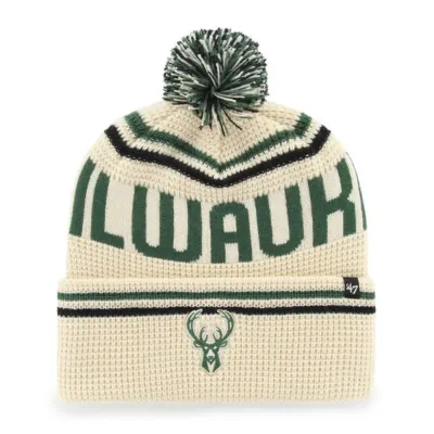 Cream '47 Bucks Quattrle cuff knit beanie with green Milwaukee lettering, striped details, deer logo and multicolor pom.