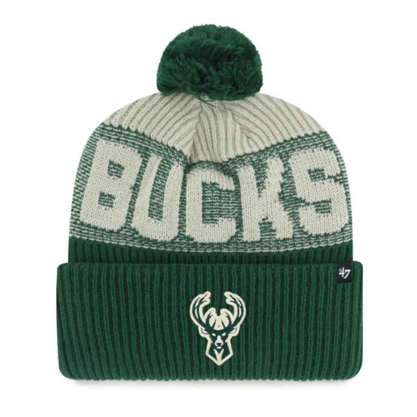 Green and cream '47 Bucks Bone Chill cuff beanie with oversized Bucks lettering, embroidered deer logo and green pom.