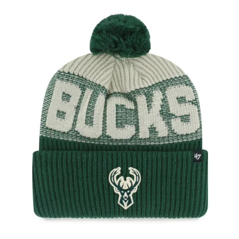 Green and cream '47 Bucks Bone Chill cuff beanie with oversized Bucks lettering, embroidered deer logo and green pom.