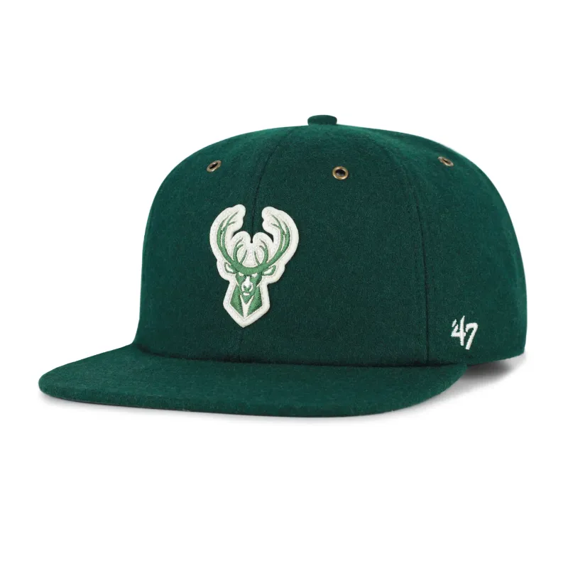 Angled front view of dark green '47 Bucks Wool Applique Captain hat with an embroidered deer logo and side branding.