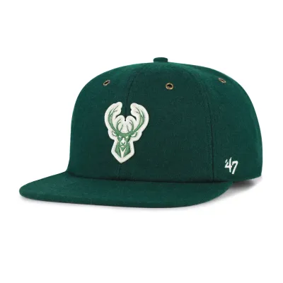 Angled front view of dark green '47 Bucks Wool Applique Captain hat with an embroidered deer logo and side branding.