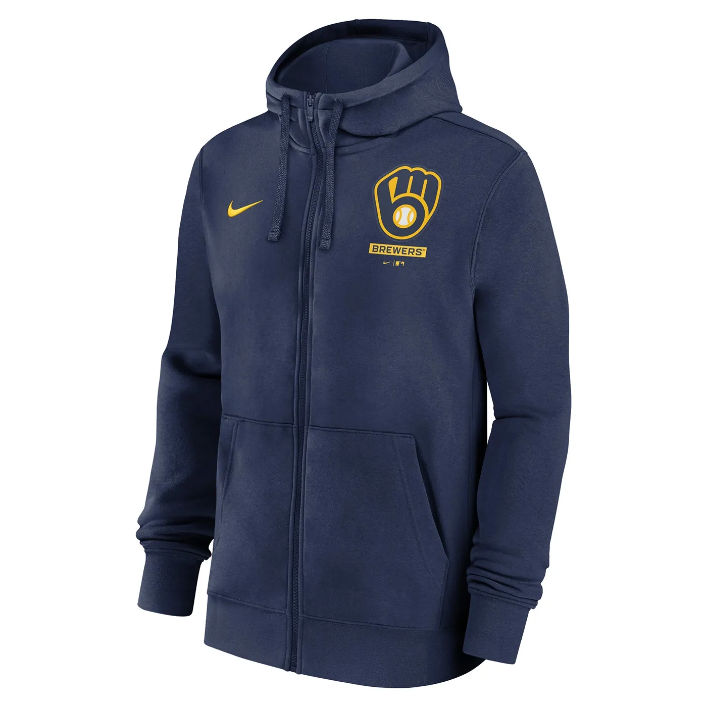 Angled front view of navy Nike Brewers full-zip hoodie with gold chest graphics and two pockets