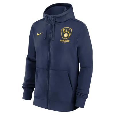 Angled front view of navy Nike Brewers full-zip hoodie with gold chest graphics and two pockets