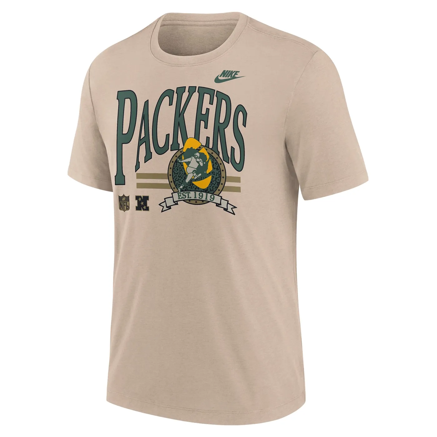 Front view of the Desert Sand Nike Packers tee with a green wordmark and colorful team graphic