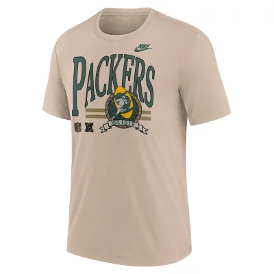 Front view of the Desert Sand Nike Packers tee with a green wordmark and colorful team graphic