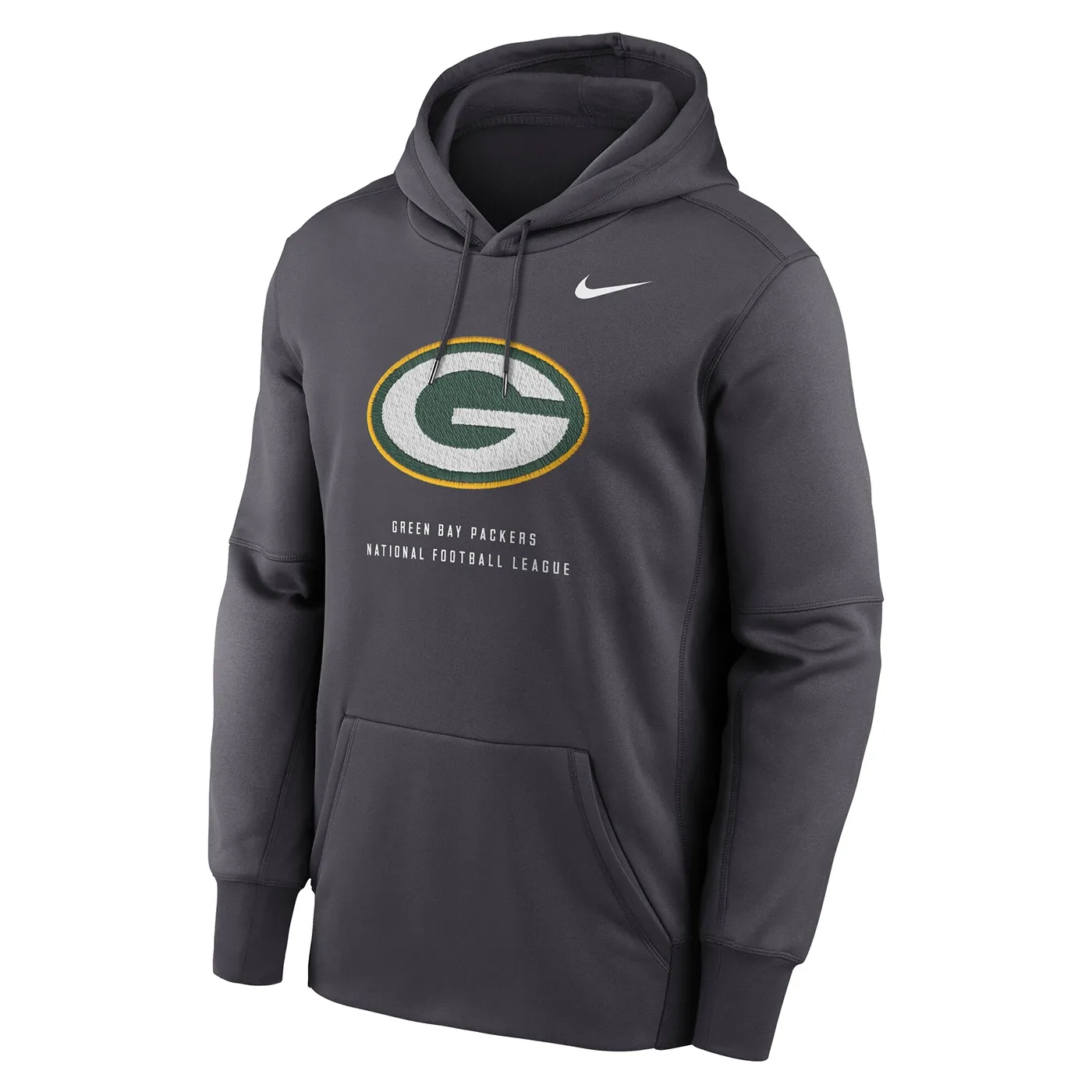 Front view of the Anthracite Nike Packers hoodie with a large G logo, Swoosh and pouch pocket