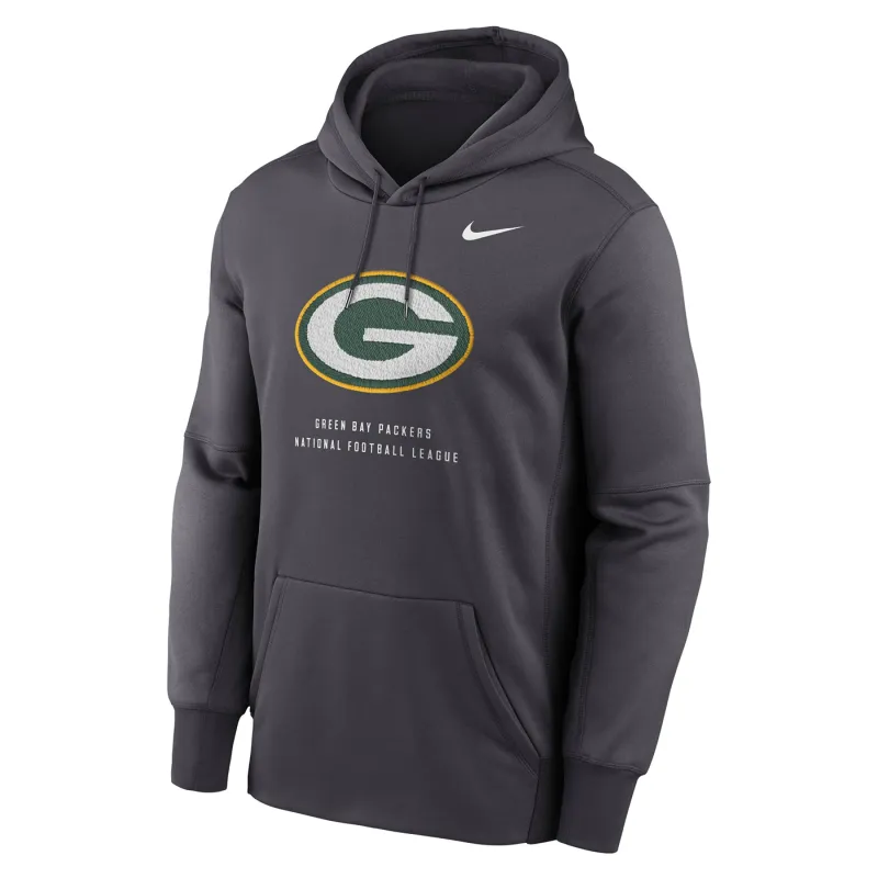 Front view of the Anthracite Nike Packers hoodie with a large G logo, Swoosh and pouch pocket