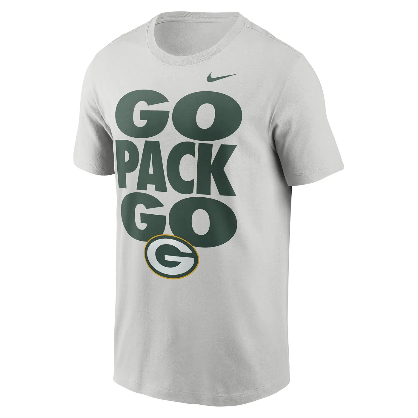 Front view of the Photon Dust Nike Packers tee with green Go Pack Go lettering and team logo
