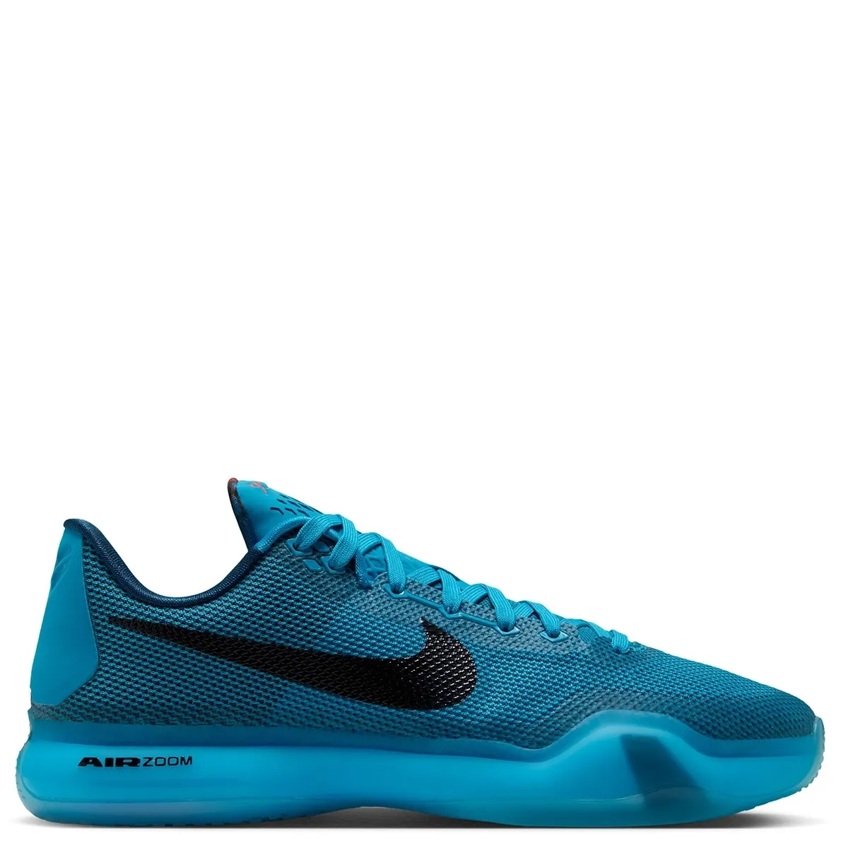 Side profile of the Nike Kobe 10 Protro in Blue Lagoon with a black Swoosh and sculpted blue midsole.