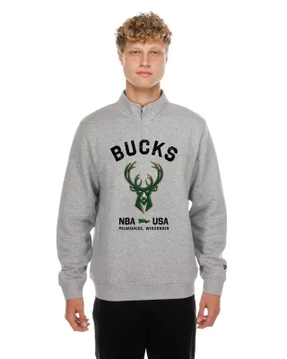 Front view of a model wearing the Heather Grey New Era Bucks Primary 1/4 Zip Sweatshirt with team graphics.