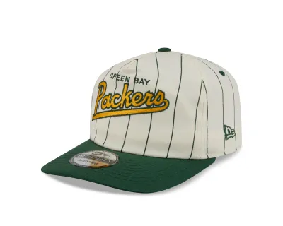Angled front view of the cream Packers Pinstripe 19TWENTY Hat with gold script embroidery and a green visor.