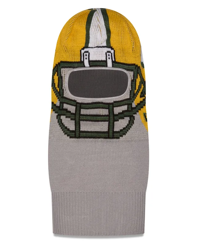 Front view of the grey New Era Packers Helmet Balaclava with a gold helmet design and facemask graphic.