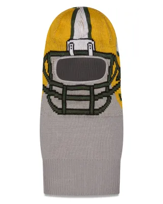 Front view of the grey New Era Packers Helmet Balaclava with a gold helmet design and facemask graphic.