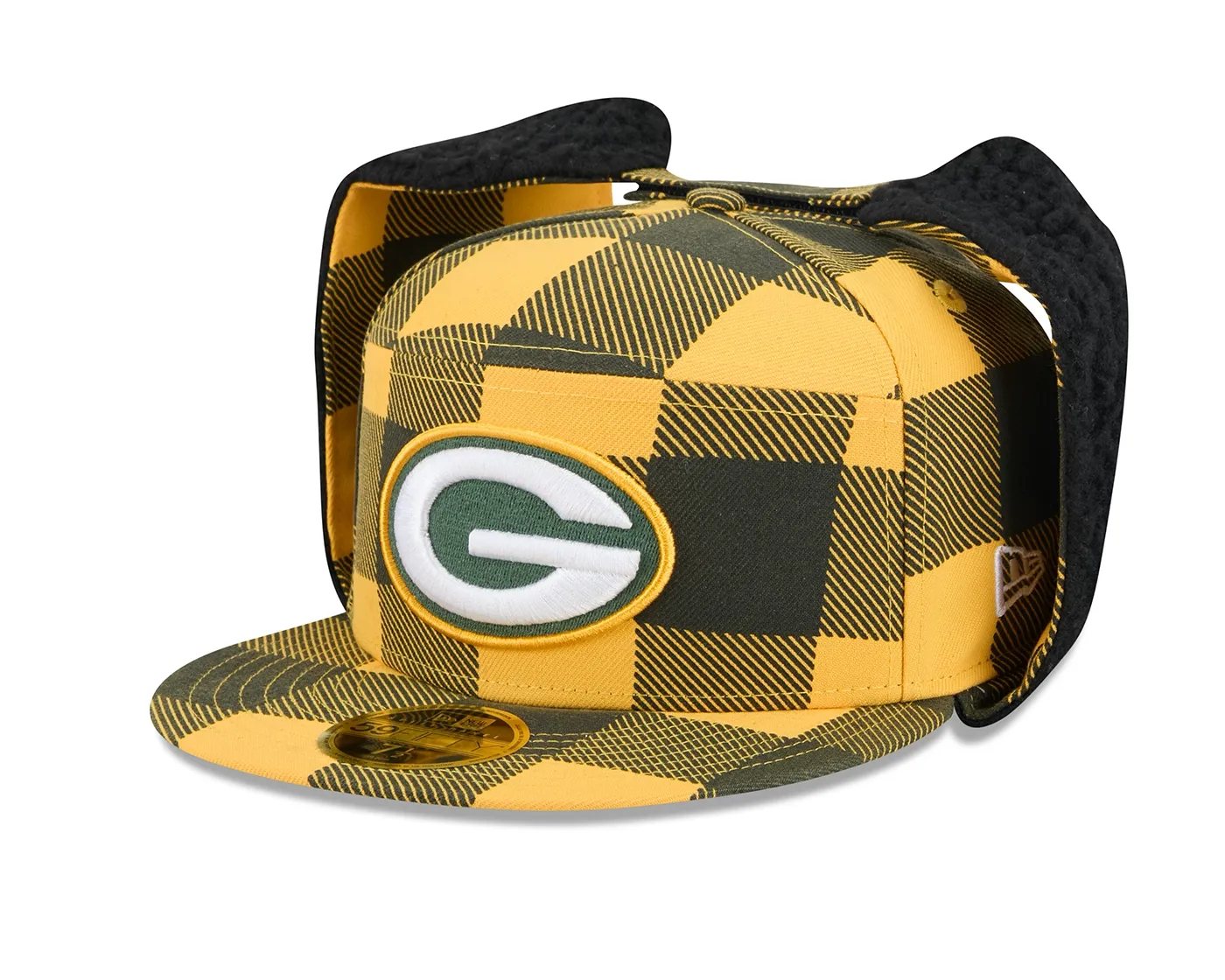 Angled front view of the Gold Plaid Packers Dog Ear 59FIFTY Hat with raised G embroidery and black ear flaps.