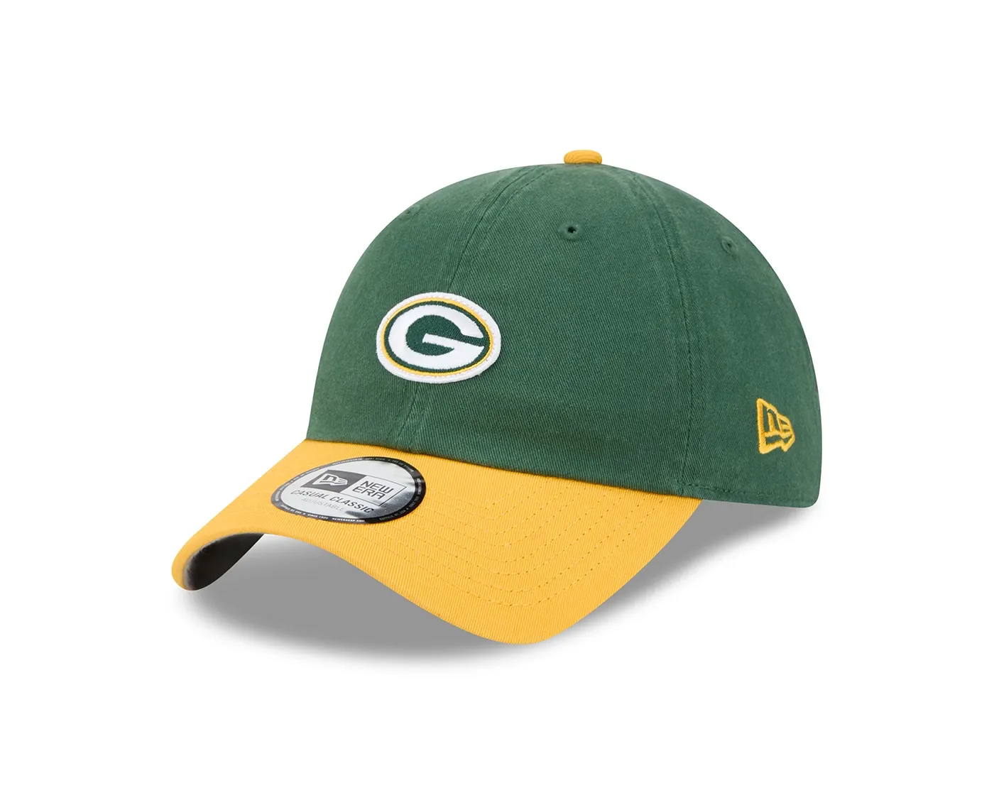 Angled front view of the Green/Gold New Era Packers Micro Logo Casual Classic Hat with mini G embroidery.