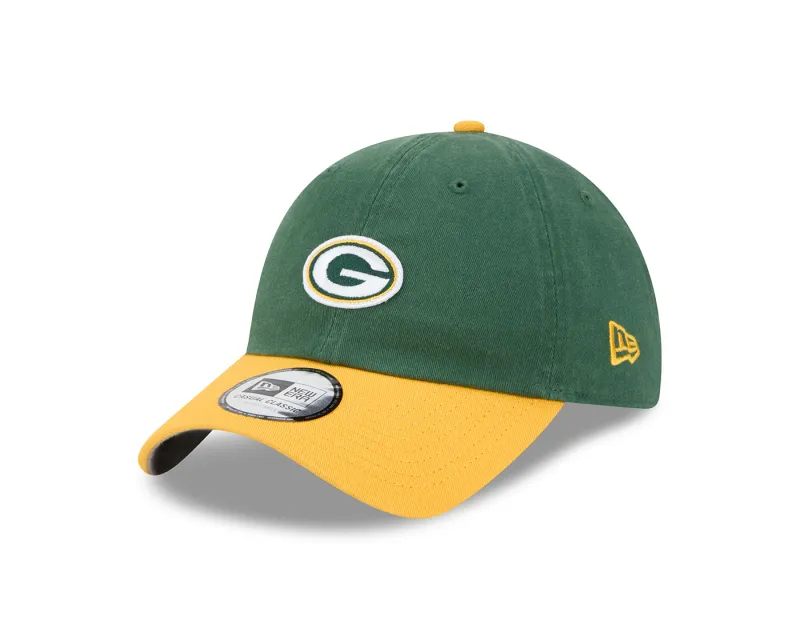 Angled front view of the Green/Gold New Era Packers Micro Logo Casual Classic Hat with mini G embroidery.