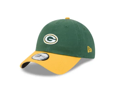 Angled front view of the Green/Gold New Era Packers Micro Logo Casual Classic Hat with mini G embroidery.