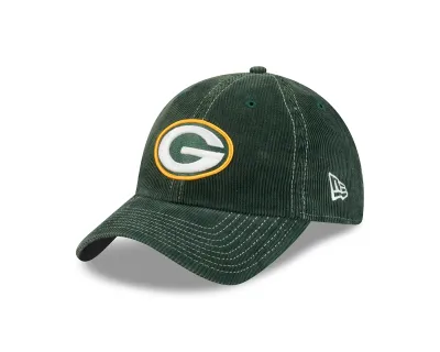 Angled front view of the dark green New Era Packers Corduroy Casual Classic Hat with raised team embroidery.