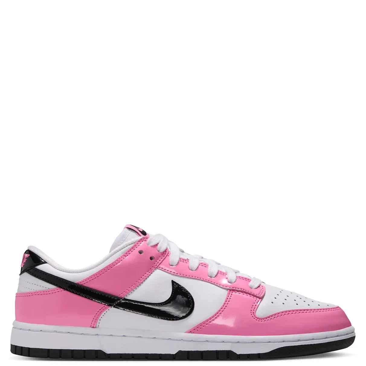 Opposite side profile of the pink and white Dunk Low SE Gloss with a glossy black Swoosh and black outsole.