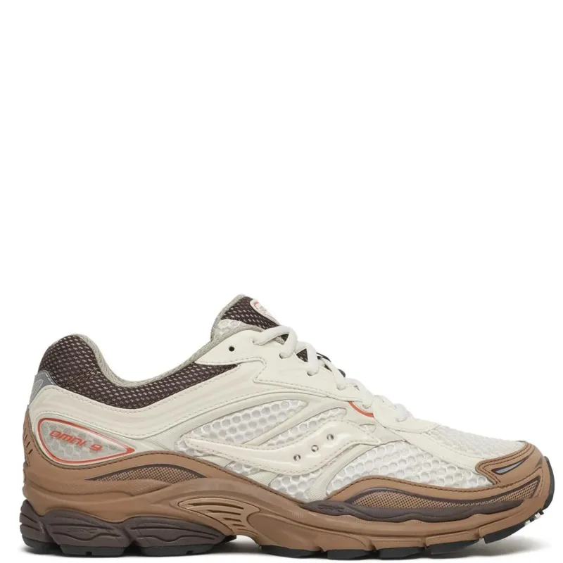 Outer side view of the Saucony ProGrid Omni 9 in Almond/Coca with cream mesh, layered overlays and a brown midsole.