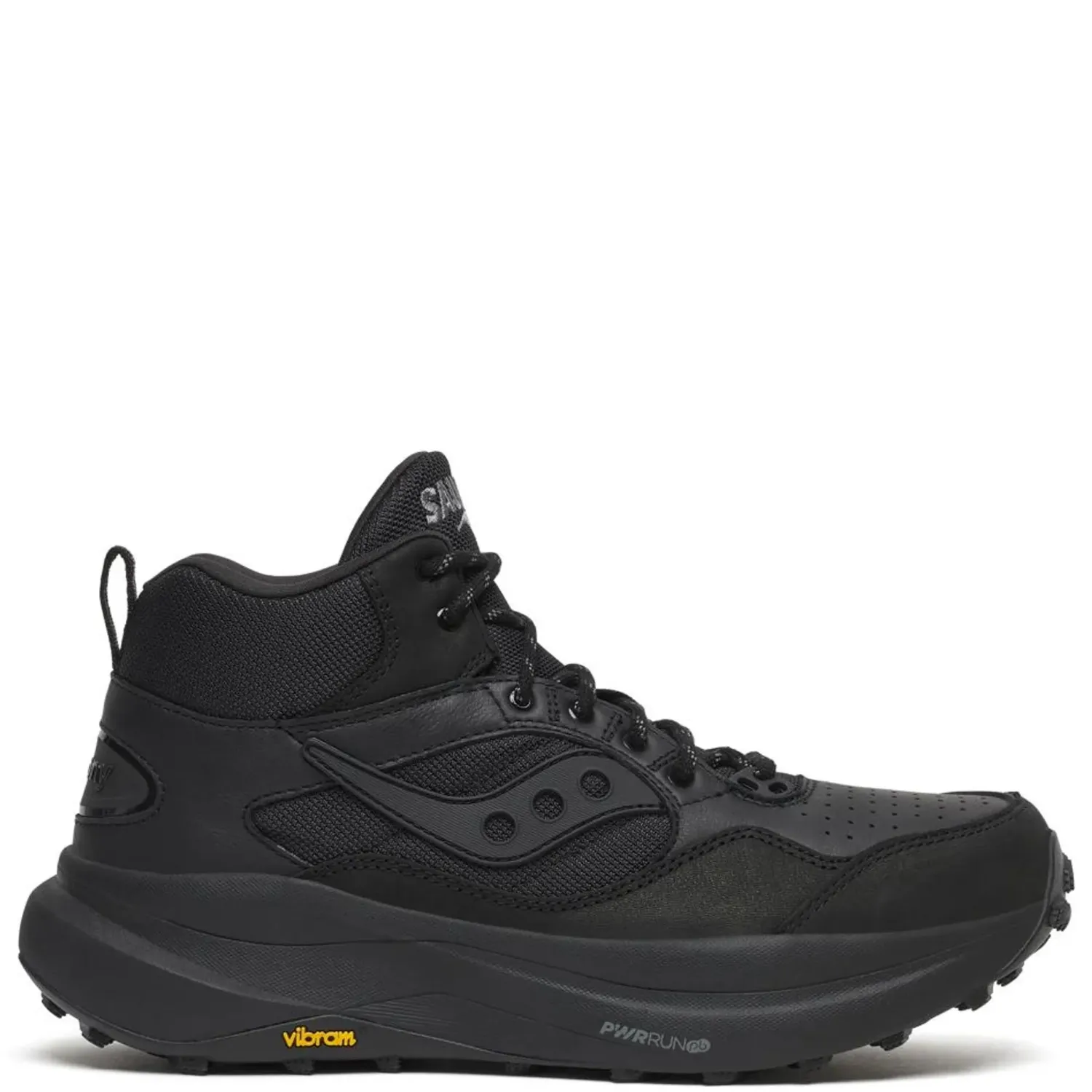 Outer side view of the black Saucony Trekker LS with a padded collar, tonal logo and chunky Vibram sole.