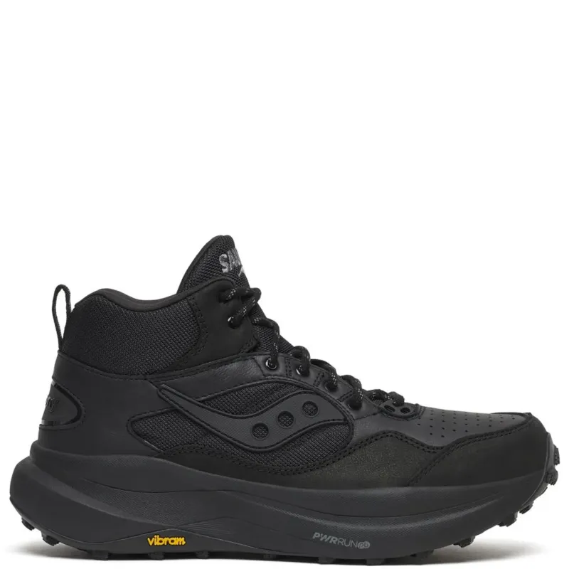 Outer side view of the black Saucony Trekker LS with a padded collar, tonal logo and chunky Vibram sole.