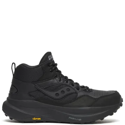 Outer side view of the black Saucony Trekker LS with a padded collar, tonal logo and chunky Vibram sole.