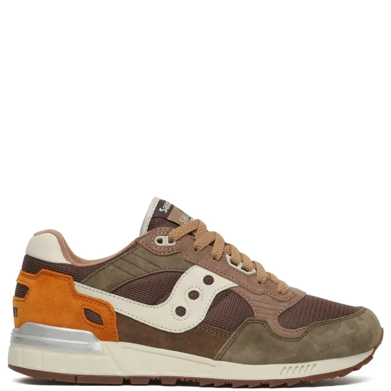 Side view of the Saucony Shadow 5000 in Martini/Coca with olive suede, brown mesh, a cream logo and orange heel.