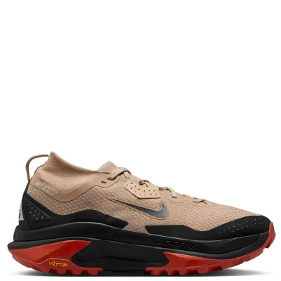 Outer side view of the linen Zegama Trail GORE-TEX with a dark Swoosh, black midsole and crimson Vibram outsole.