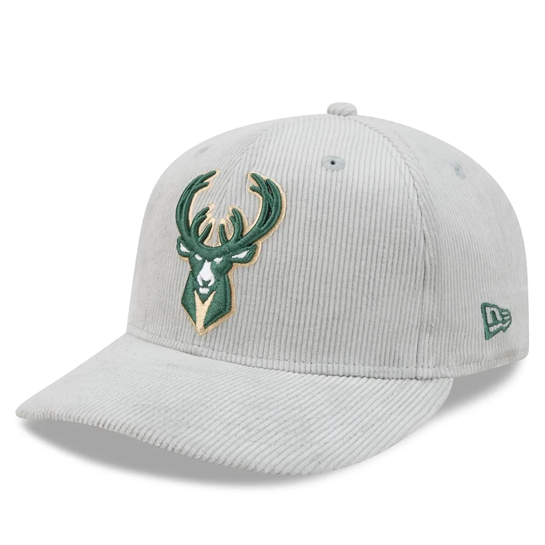 Front left angled view of grey Bucks corduroy 59FIFTY hat with embroidered deer logo and green New Era flag.