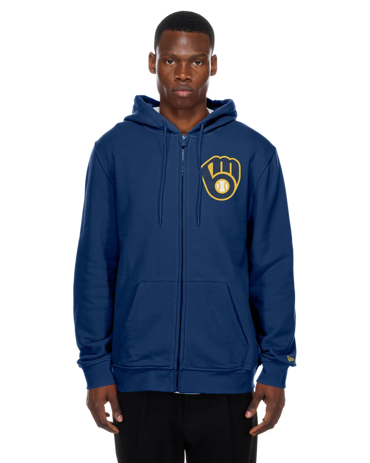 Model wearing the navy Brewers Back Hit Full-Zip Hoodie, showing the chest logo, zipper and front pockets.