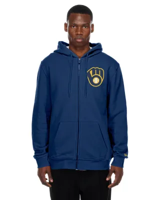 Model wearing the navy Brewers Back Hit Full-Zip Hoodie, showing the chest logo, zipper and front pockets.