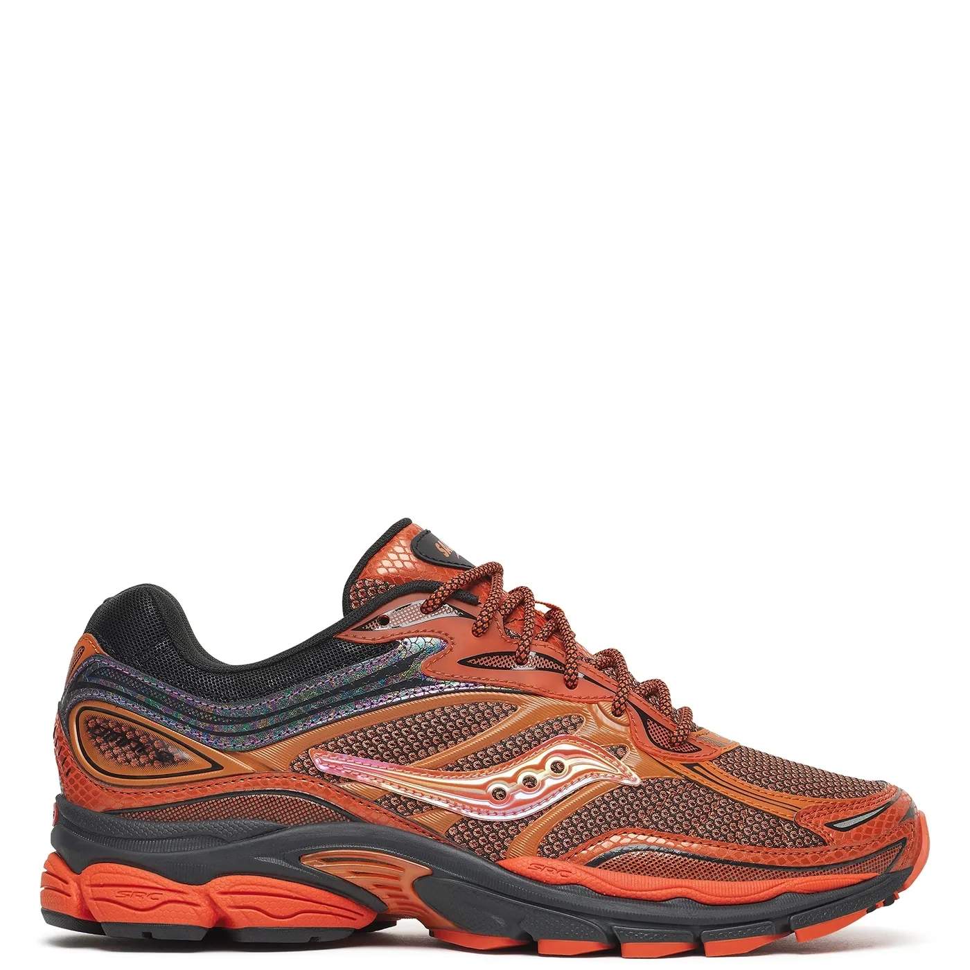 Side view of Saucony ProGrid Omni 9 Glowa Constrictor 2.0 in Copper Glow with iridescent overlays and a dark midsole.