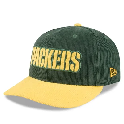 Front left angled view of green Packers corduroy 9FIFTY hat with gold lettering, visor and New Era flag.