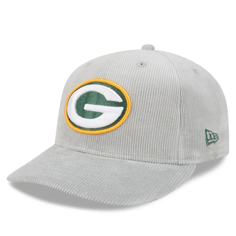 Front left angled view of grey Packers Corduroy Curved 59FIFTY fitted hat with embroidered G logo and New Era flag.