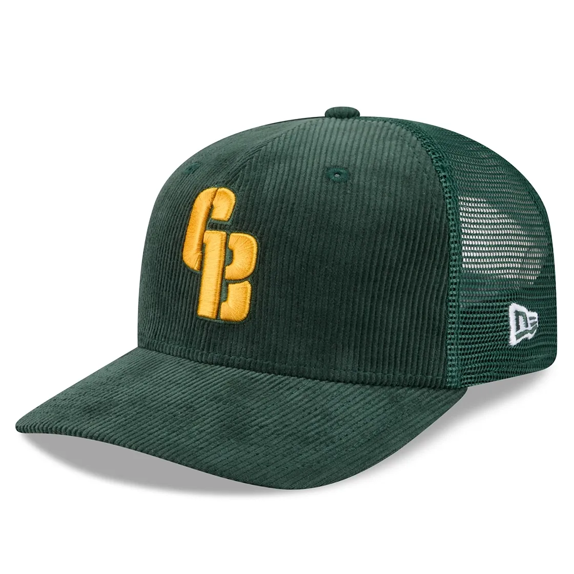 Front left angled view of green Packers Deceptor hat with gold GB embroidery, corduroy panels and New Era flag.