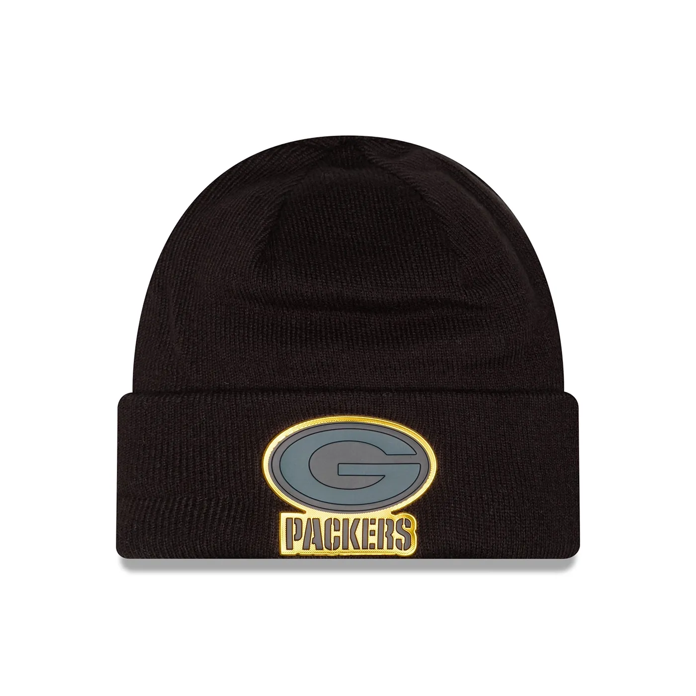 Front view of black New Era Packers Chrome cuff beanie with a grey G logo patch, gold outline and Packers lettering.