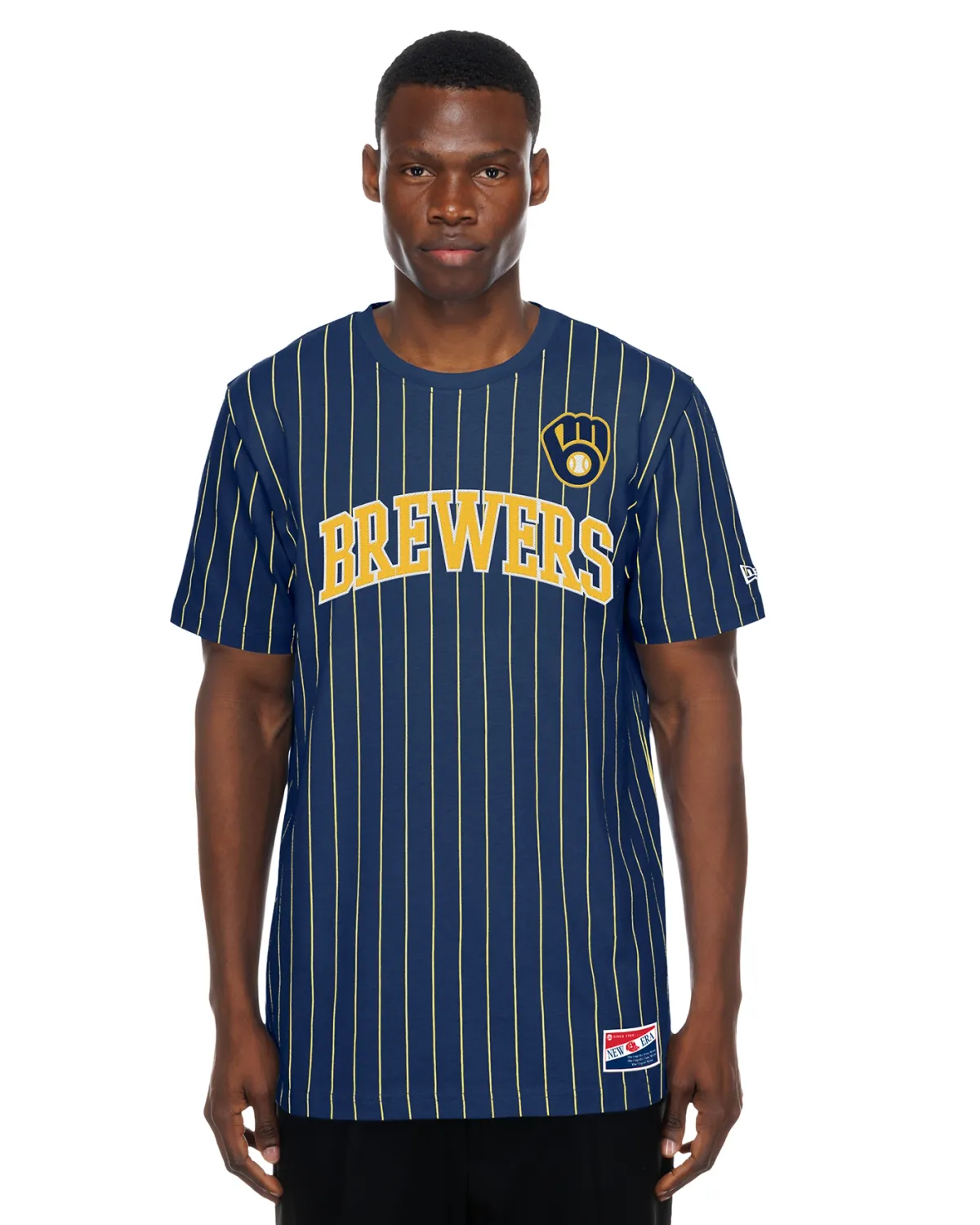 Front view of navy New Era Brewers Pinstripe tee with gold stripes, embroidered twill lettering and ball-in-glove logo.