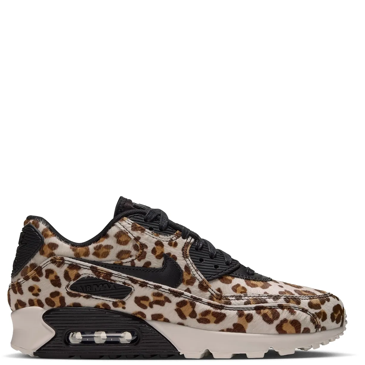 Opposite side view of Nike women's Air Max 90 LX showing leopard print, black accents and a Sail midsole.