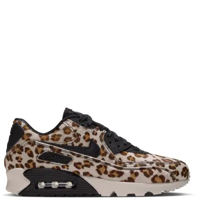 Opposite side view of Nike women's Air Max 90 LX showing leopard print, black accents and a Sail midsole.