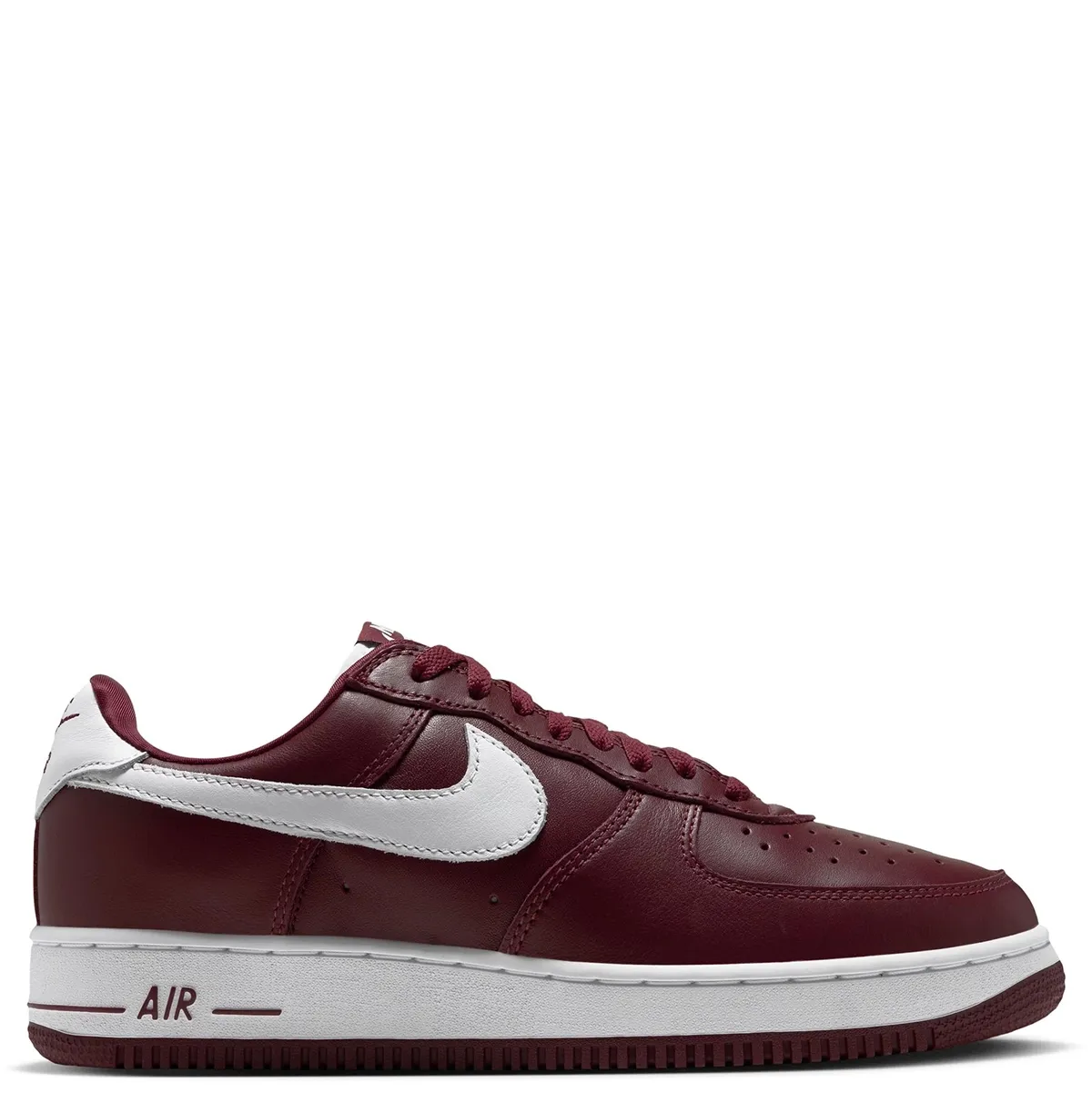Opposite side view of Nike Air Force 1 '01 with dark red leather panels, white Swoosh and Air-branded midsole.